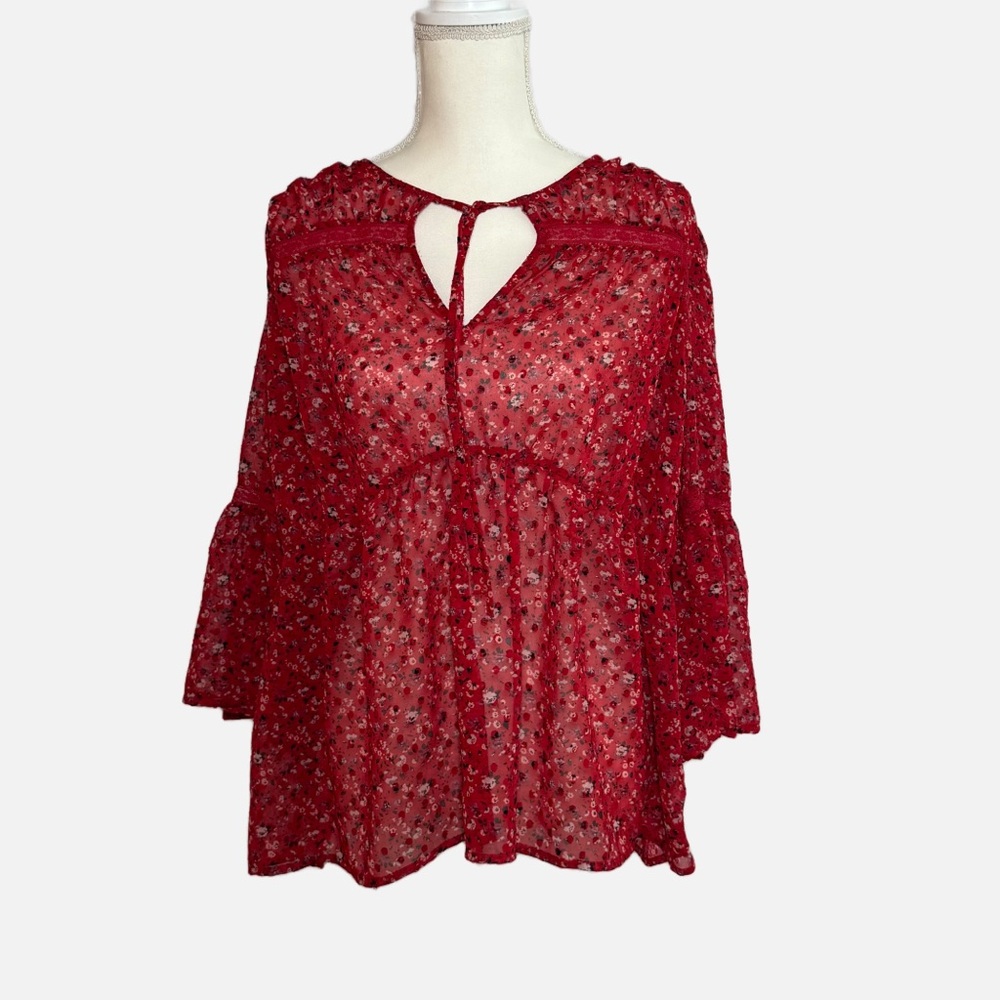 Lucky Brand Red 3/4 Sleeve Tie Front Blouse
